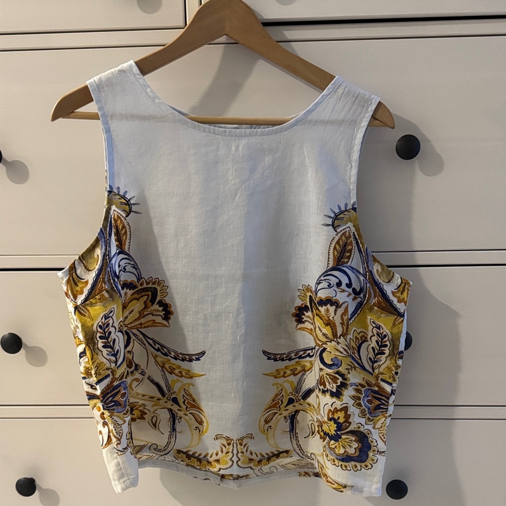Joie Women’s Sleeveless Top 100% Linen Floral Blue Yellow Buttons Back Sz L